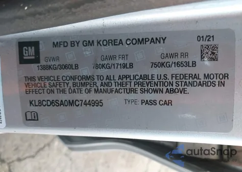 2021 Chevrolet Spark Fwd 1Lt Automatic из США, поврежденный, VIN KL8CD6SA0MC744995